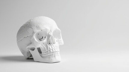 In this image I can see a white color skull on the surface The background is in white color