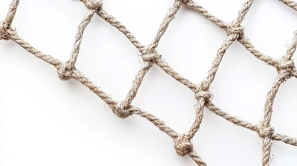  a close up of a rope net on a white background The net is made up of several strands of rope intertwined together, creating a strong and sturdy structure The whit