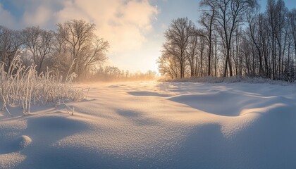 Snowy Landscape with a Forest and Golden Sky at Sunset