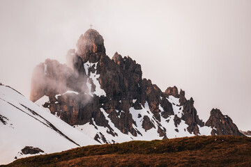 Panoramic view of the Denti di Terrarossa in the Dolomites in South Tyrol, Italy