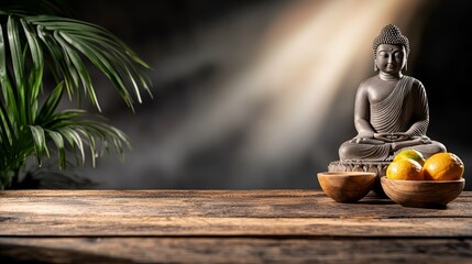  a Buddha statue sitting on top of a wooden table next to a bowl of oranges The background is slightly blurred, and there is a plant on the left side of the table