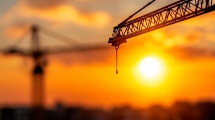  a construction crane silhouetted against a beautiful sunset sky, with the sun setting in the background The crane is in focus, while the sky is slightly blurred, c