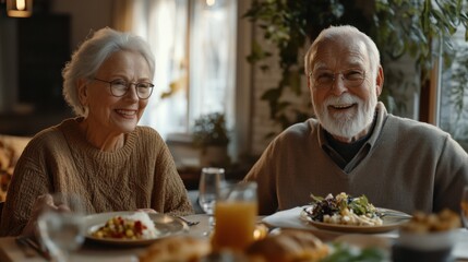 Joyful Senior Couple Enjoying a Cozy Meal Together in a Warm Home Setting. Generative ai