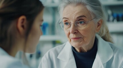 elderly female scientist discussing findings with a young woman in a lab, scientific equipment in the background, daylight