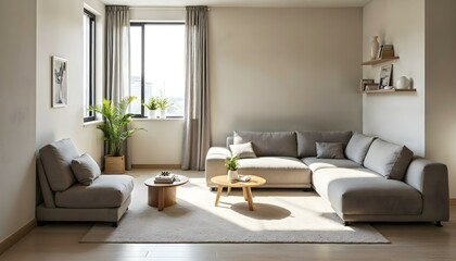 Modern living room interior with fireplace, featuring a plush sofa, armchair, and coffee table, creating a cozy and stylish living space