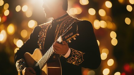 Obraz premium A close-up of a mariachi singer in a black charro suit, passionately singing, blurred festive lights in the background,