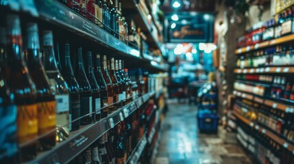 Wine bottles on shelves in a dimly lit liquor store aisle