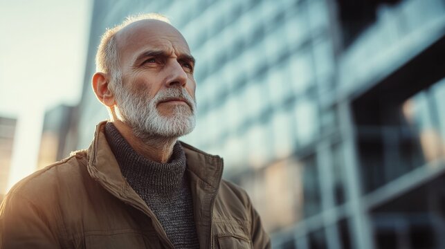 Older man in casual attire looking thoughtful outdoors, standing near building with soft sunlight, urban background