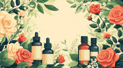 Aroma therapy. A collection of essential oil bottles surrounded by roses and greenery, creating a natural and calming aesthetic.