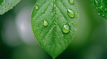  a green leaf with water droplets glistening on its surface, set against a blurred background