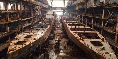 Two large ships under construction in a shipyard, showcasing industrial activity.