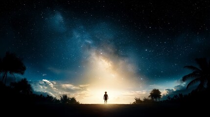  a person standing in the middle of a field, surrounded by trees, looking up at the night sky filled with stars