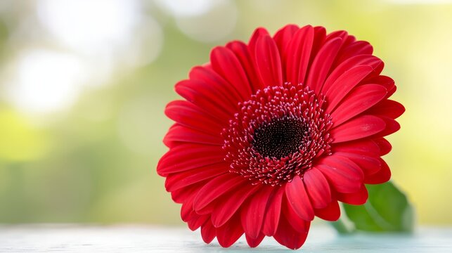  a vibrant red gerbera daisy sitting atop a wooden table, its petals and leaves standing out against the blurred background