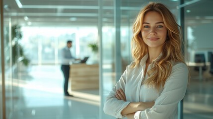 Confident female designer presenting ideas in a bright modern office with collaborative energy and inspiring environment