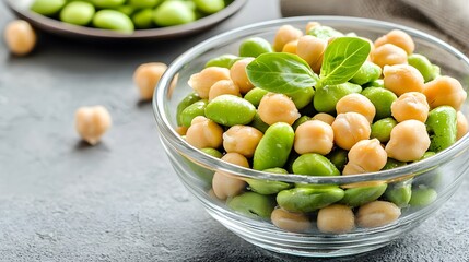 A visually appealing mix of edamame and chickpeas in a glass bowl, offering a nutritious and high-protein snack.
