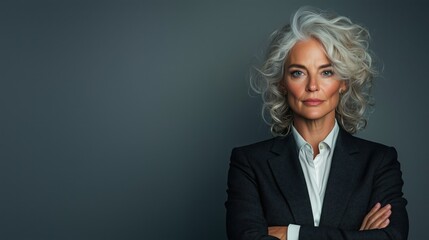 Confident European businesswoman in tailored suit exudes professionalism and empowerment against a minimalist grey background