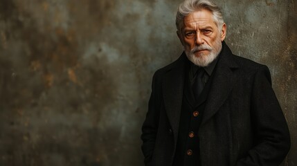 Older man in tailored black coat stands confidently against a minimalist cement wall, exuding authority and introspection