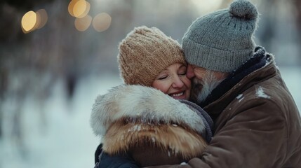 Elderly couple in warm winter clothing embracing outdoors, blurred background, heartwarming moment