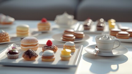 A delightful assortment of mini pastries, including macarons and cream puffs, beautifully arranged on plates, with a cup of tea in a stylish setting. The soft lighting creates a calm, elegant