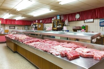 Fresh Meat Display at a Local Butcher Shop with a Brightly Lit Interior and an Abundance of Meat Cuts Ready for Purchase by Curious Customers