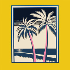 a black and white illustration of two palm trees on a beach.