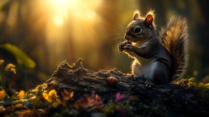 Obraz premium Adorable Squirrel Enjoying a Nut at Golden Hour in the Forest