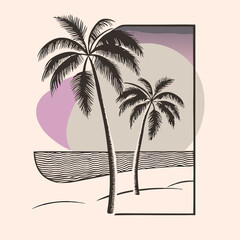 a black and white illustration of two palm trees on a beach.