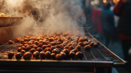 Roasted chestnuts on a street grill, evening atmosphere, warm soft lighting, blurred background with people, street market