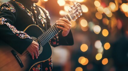 Obraz premium A close-up of a mariachi singer in a black charro suit, passionately singing, blurred festive lights in the background,