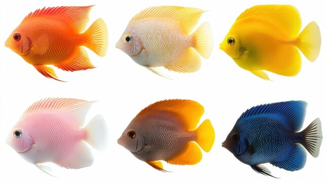 collection of tropical fish in various colors, isolated on white background, vibrant and detailed, marine life symbol,
