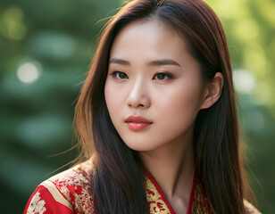 Fototapeta premium portrait of a young beautiful Chinese skin care model woman wearing cultural dress