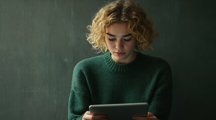 Young woman with curly blonde hair in a green sweater working on a tablet, sitting at a desk with a focused expression, gray background, soft studio lighting - Powered by Adobe