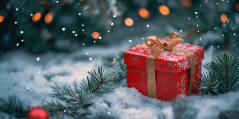Red gift box with golden ribbon resting on snowy fir branches with glowing festive bokeh lights