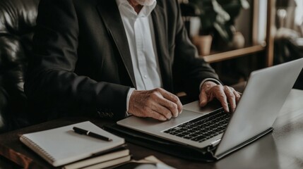 An elderly man using a laptop, taking notes in a notebook,