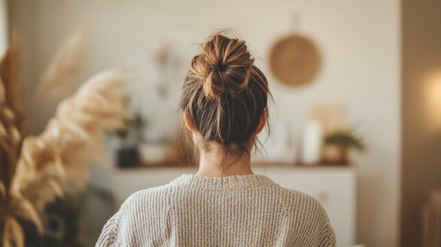 A messy bun hairstyle on a relaxed woman wearing casual clothes, minimalistic home decor in the background,