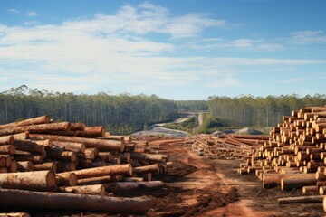 Blue Skies Over Cut Forest, Timber Stacked in Australia"