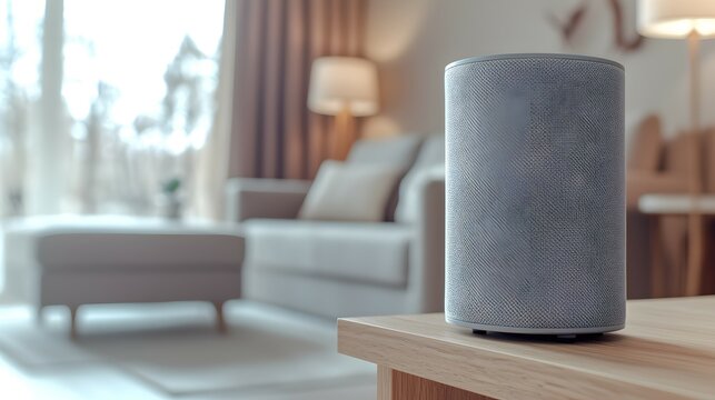 Elegant Bluetooth Speaker on Wooden Shelf in Cozy Living Room - Captivating Soft Lighting and Tasteful Decor Enhance Home Ambiance