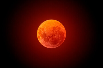 Blood Moon Total Lunar Eclipse Captured in Stunning Detail with Vibrant Red Glow and Textured Surface Against a Black Sky