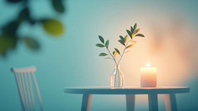 A romantic dinner setting with candles flickering on the table, casting soft shadows and creating an intimate ambiance.