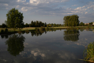 Obraz premium View of the lake and golf field.Panorama view of the pond, trees in the shoreline and fairway. Beautiful reflection of the trees and sky in the water surface. 