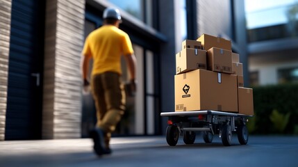 Obraz premium Delivery Person Walking Away From Cart Full of Packages