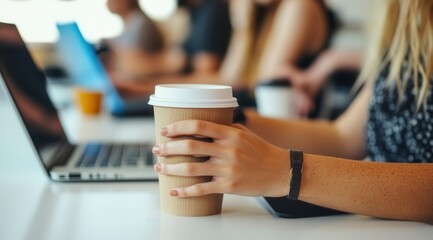 Close up of a hand holding a cardboard coffee cup in an office setting with blurred colleagues working with laptop in the background.
