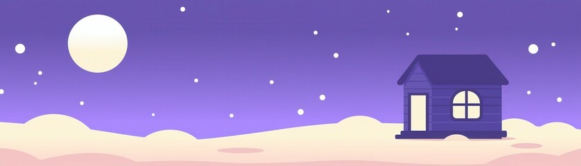 Naklejka premium Wide banner. Serene night scene with a house under a full moon and snowy sky.