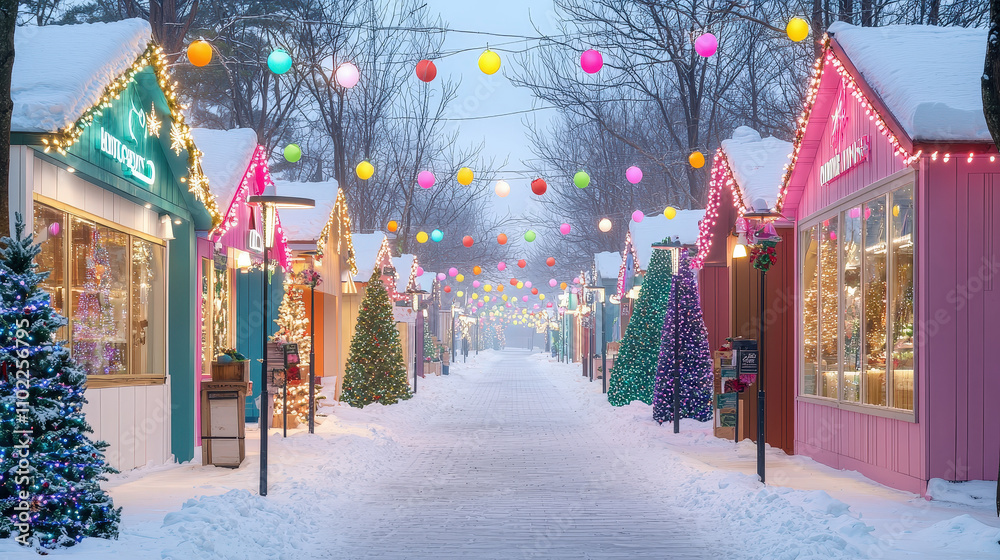 Poster charming stalls adorned with lights line a snowy pathway, creating a festive atmosphere for holiday 