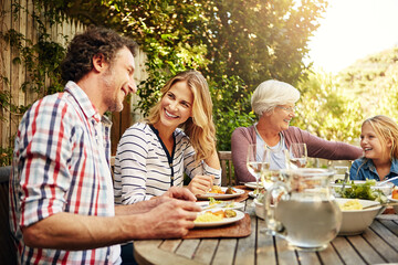 Brunch, love and food with family in nature for thanksgiving event, eating and happiness. Bonding,...