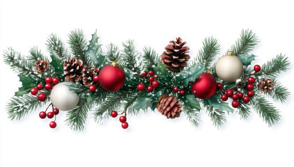 Christmas Branches Border with Christmas Decorations on Transparent Background
