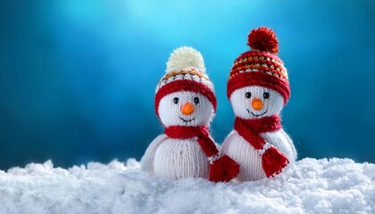 Obraz premium Two adorable knitted snowmen stand in the snow, creating a heartwarming winter scene against a blue backdrop