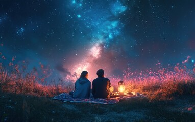 Two lovers sitting on a blanket under the stars at night, with a picnic setup and a glowing lantern. Valentine's day concept, February 14. 