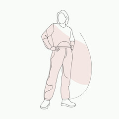 Stylish Woman Posing Continuous Drawing One Single Line Art Hand Drawn Illustration