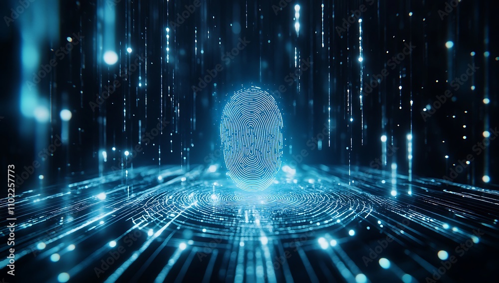 Poster digital fingerprint against a blue background with glowing data elements representing security techn
